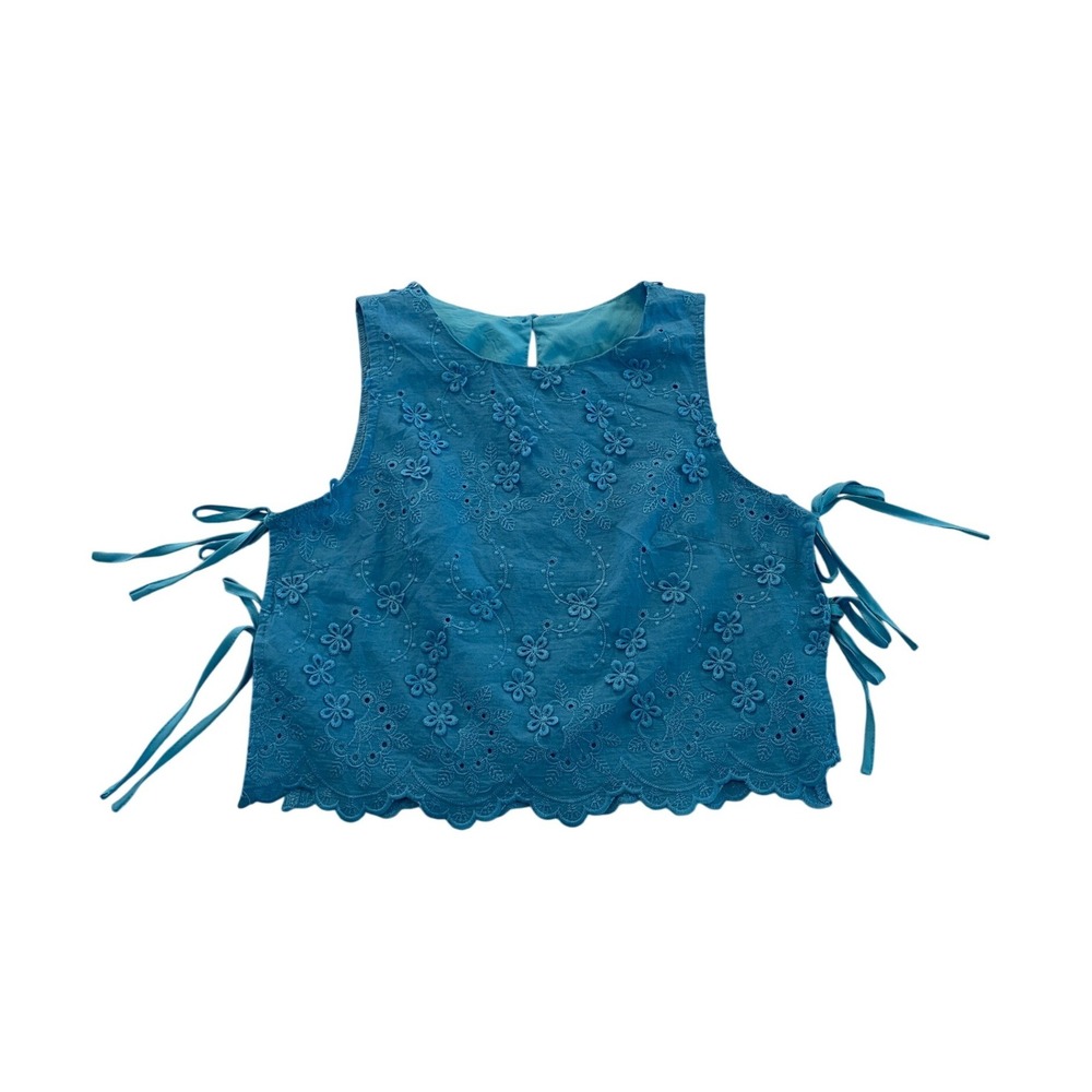 Blue Eyelet Lace Side Tie Crop Top Floral Scalloped Hem Sleeveless Size S